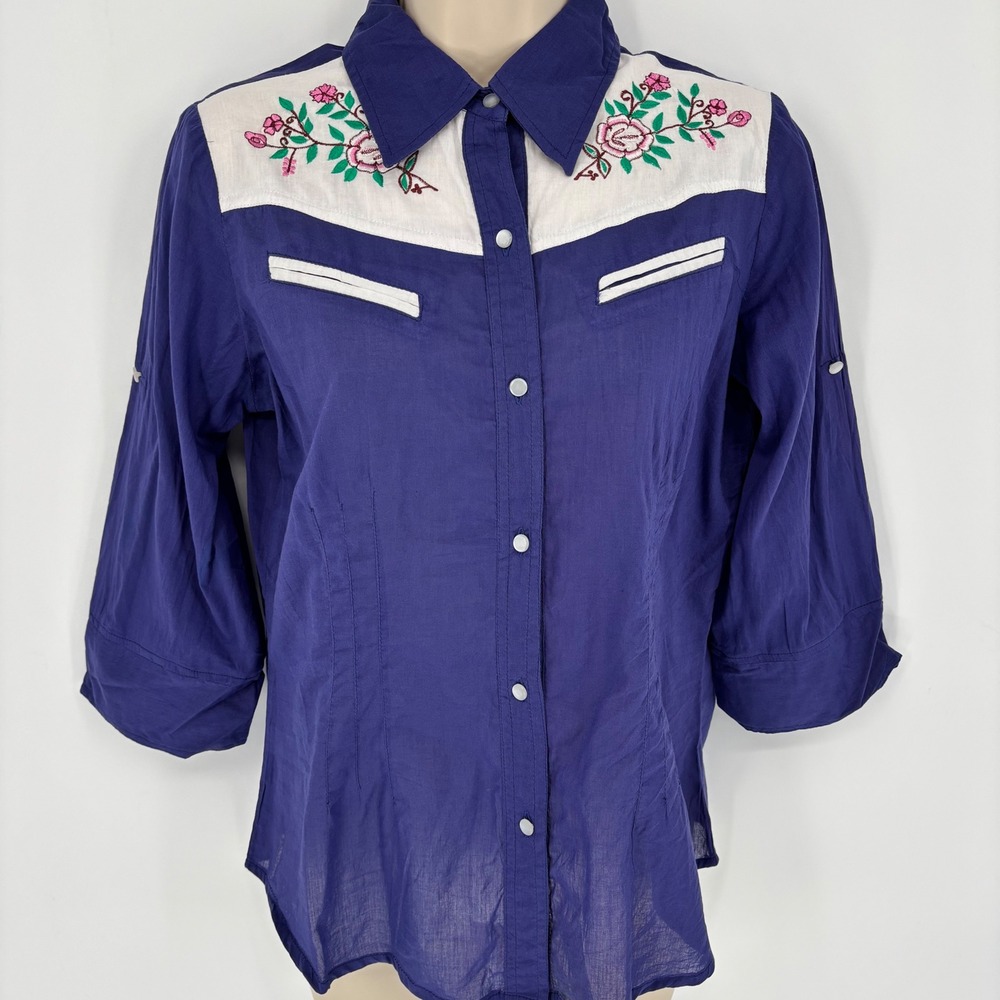 Cotton Daisy Womens Blue Floral Embroidered Western Snap Button Shirt Large NEW